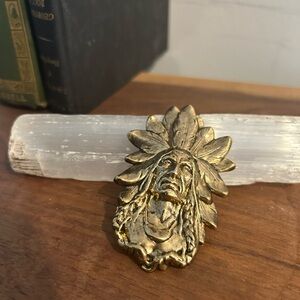 Native American Indian Chieftain Gold Tone Metal Brooch Pin 3”